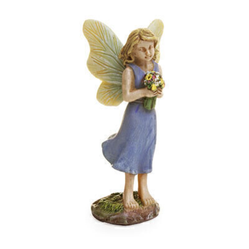 A classic Woodland Knoll miniature fairy with pale blue dress and wings that are brushed with pale blue. This sweet fairy is holding a bunch of woodland wildflowers. The fairy is  3.5 high x 2.5 wide with a 1 inch wire pick. This would be right at home in your miniature fairy garden either indoors our outdoors.